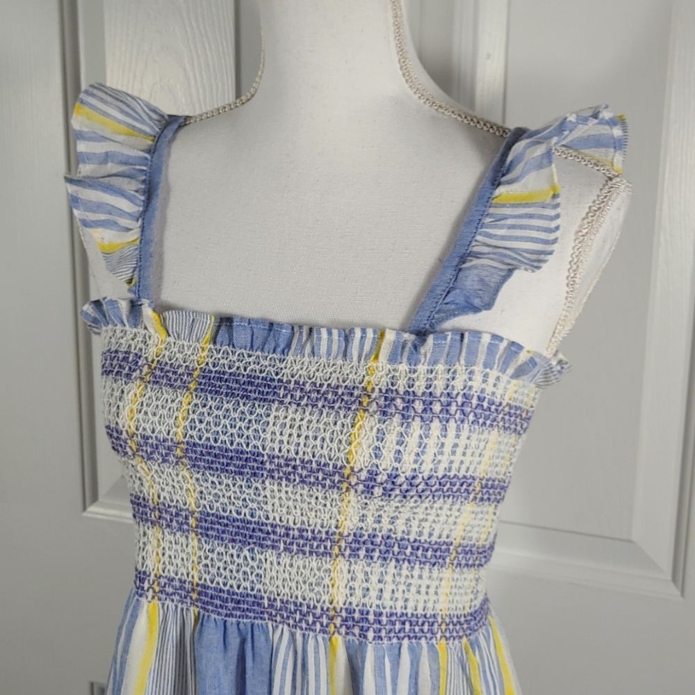 NWT Cotton Maxi Dress Sundress w/ Ruffle Straps Striped Blue Yellow & White - Picture 7 of 17